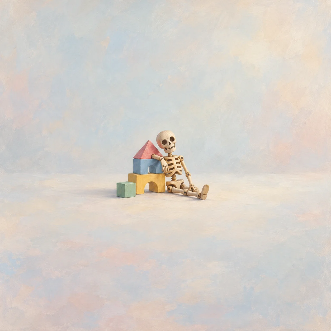 Painterly small toy skeleton leaning against pastel building blocks on a pale surface.
