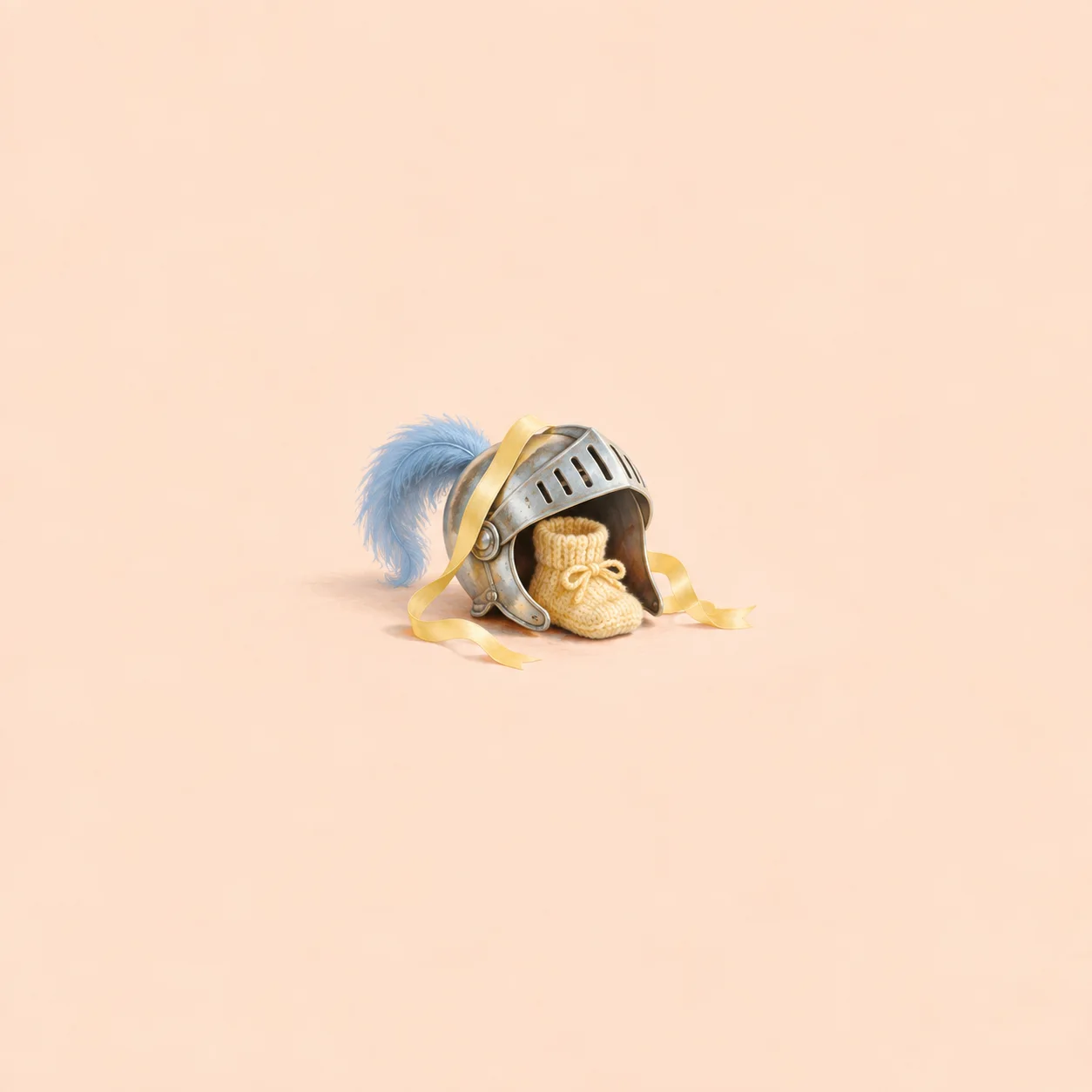 A yellow knitted baby bootie sits inside a small metal helmet with a blue plume and yellow ribbons.