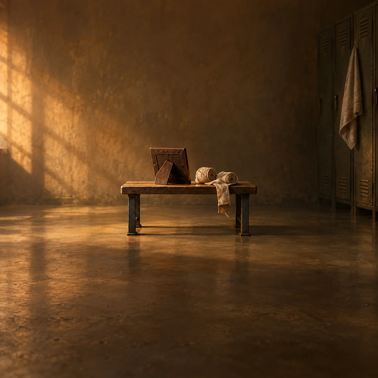 Painterly back of a small photo frame and coiled hand wraps on a bench in a sunlit room.
