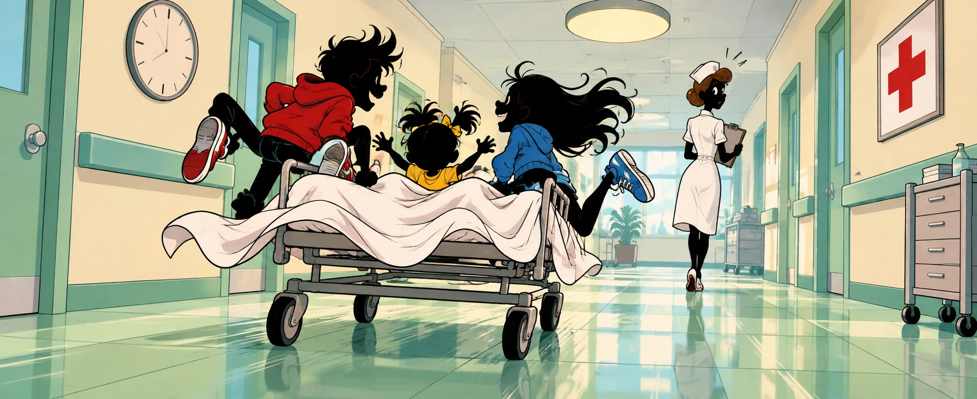 Three cartoon siblings tumble down a hospital corridor on a gurney toward a nurse in a white uniform.