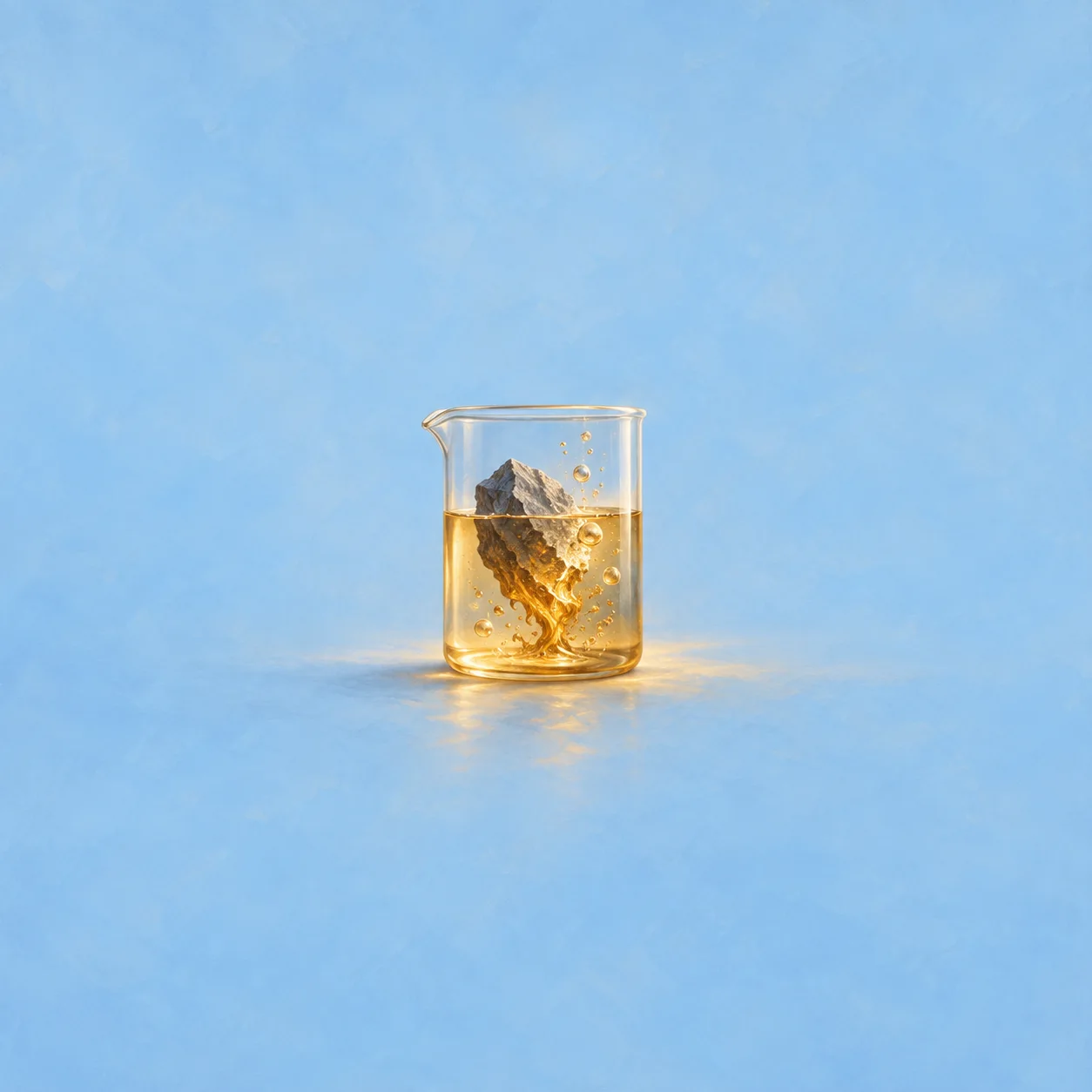 Painterly jagged stone in a clear beaker of bubbling golden liquid against light blue.