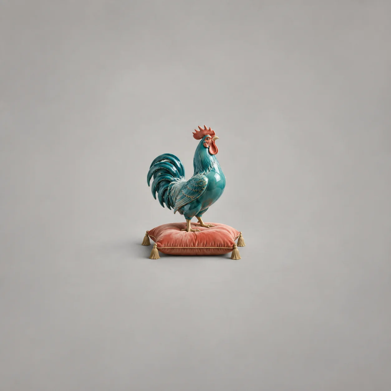 A teal ceramic rooster standing upright on a coral cushion with gold tassels against a soft gray background.
