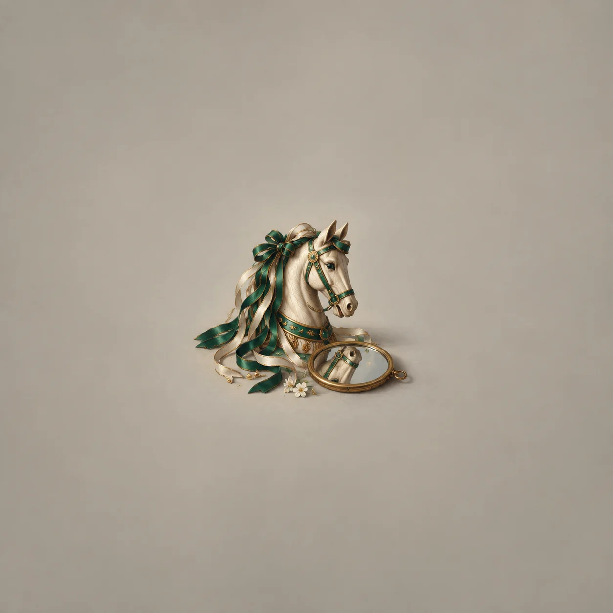 A carved horse head with green ribbons is reflected in a small oval hand mirror.