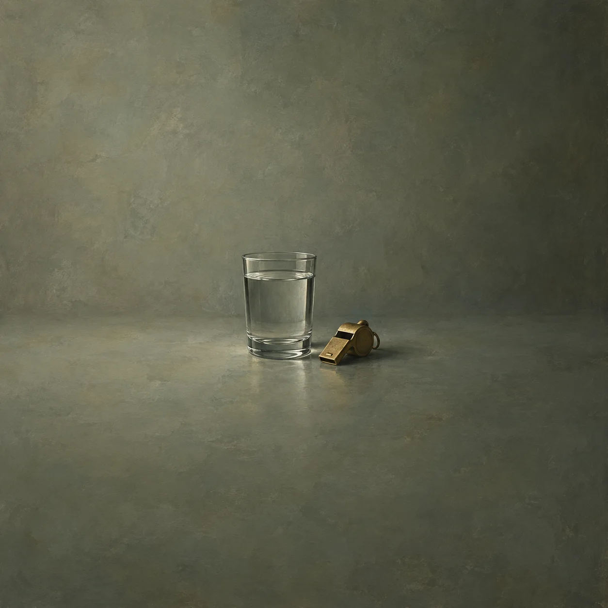 A glass of still water beside a small brass whistle on a muted green surface.