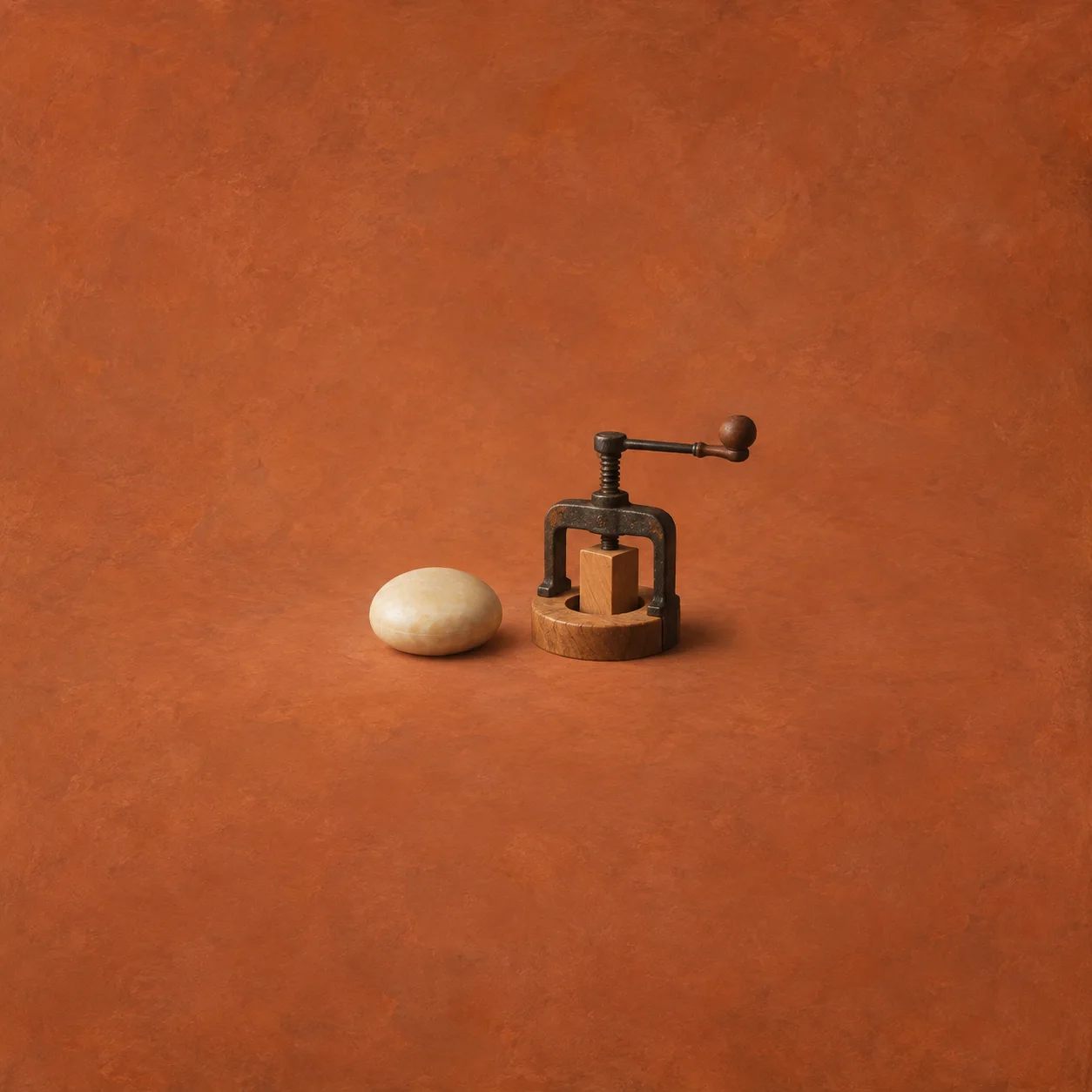 A smooth oval bar of soap beside a small iron screw press holding a square wooden block on a terracotta background.