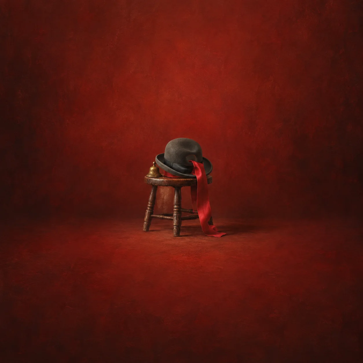 A dark bowler hat rests on a wooden stool beside a tiny brass bell and trailing red ribbon.