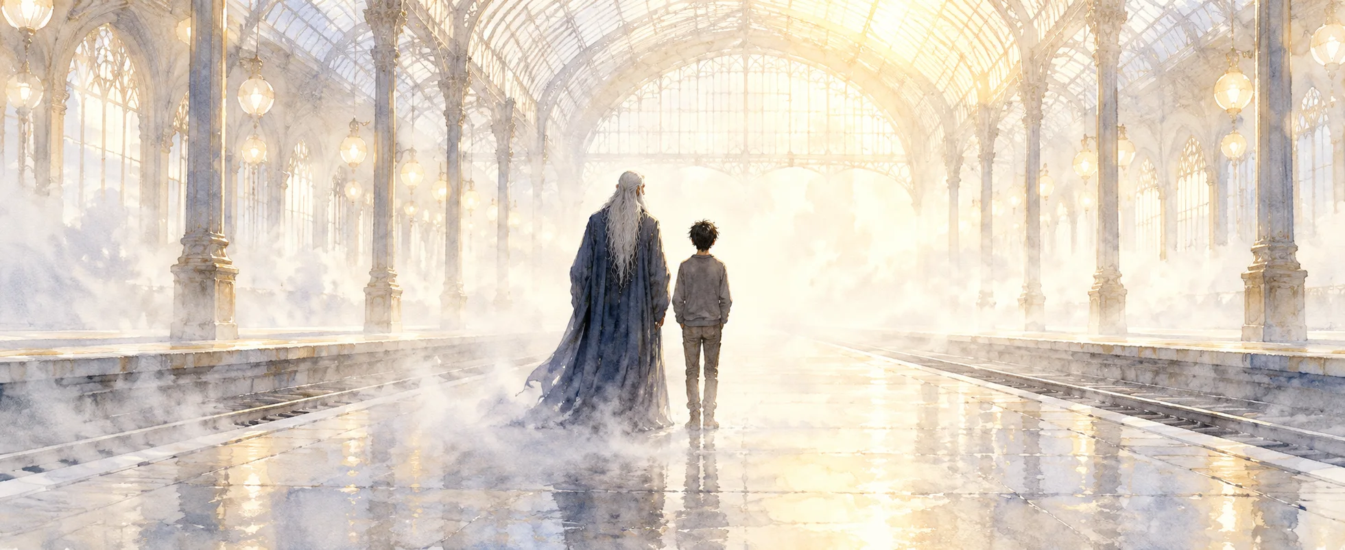 An old wizard with long silver hair in midnight-blue robes and a dark-haired boy stand together, seen from behind, on the platform of a misty, glowing white railway station.