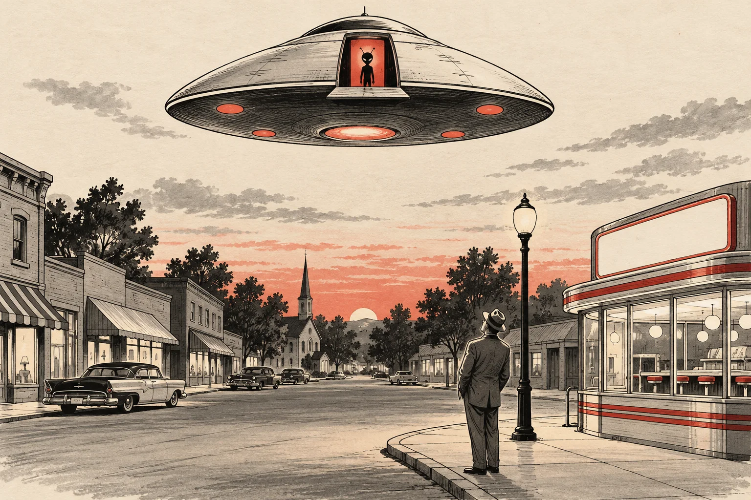 A flying saucer hovers over a quiet 1950s main street at dusk as a man in a fedora looks up beside a diner.