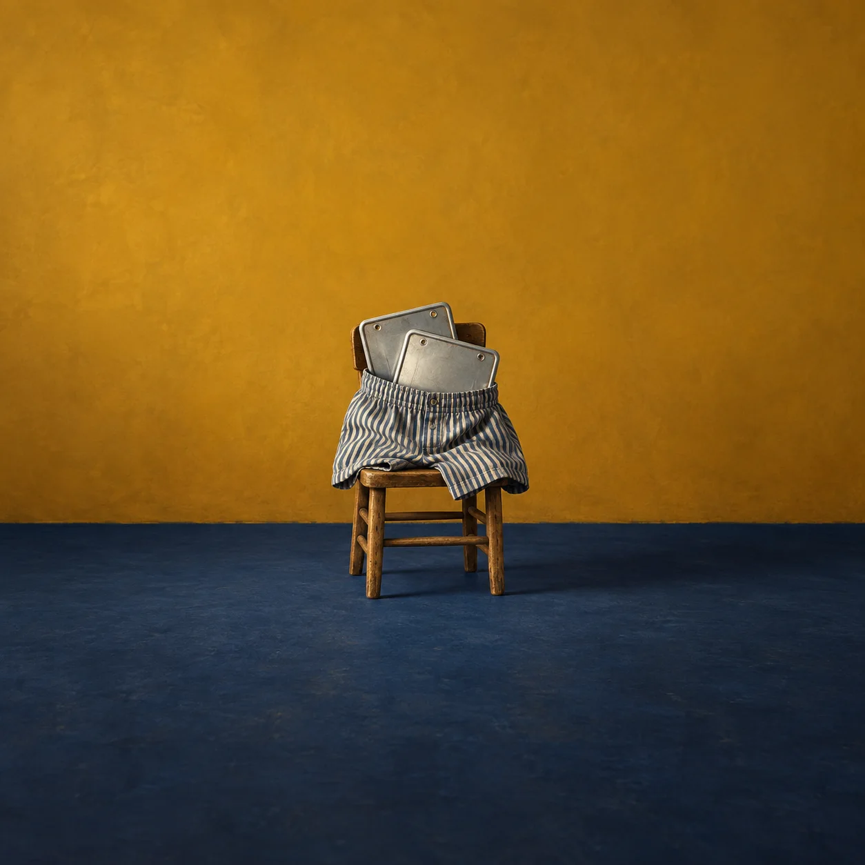 Blank metal plates protrude from striped boxer shorts draped over a small wooden chair on dark blue ground.