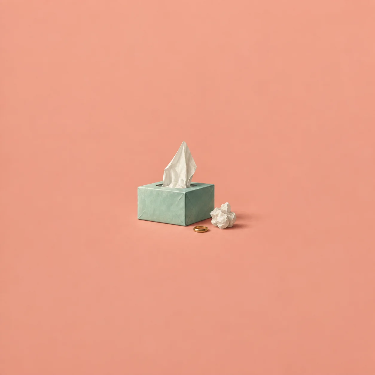 A mint tissue box with a raised tissue, a crumpled tissue and a brass ring beside it.