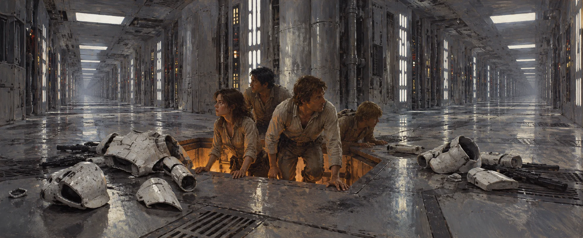 Four grimy figures climb out of a hatch into a long grey space-station corridor, white armour pieces scattered on the deck.