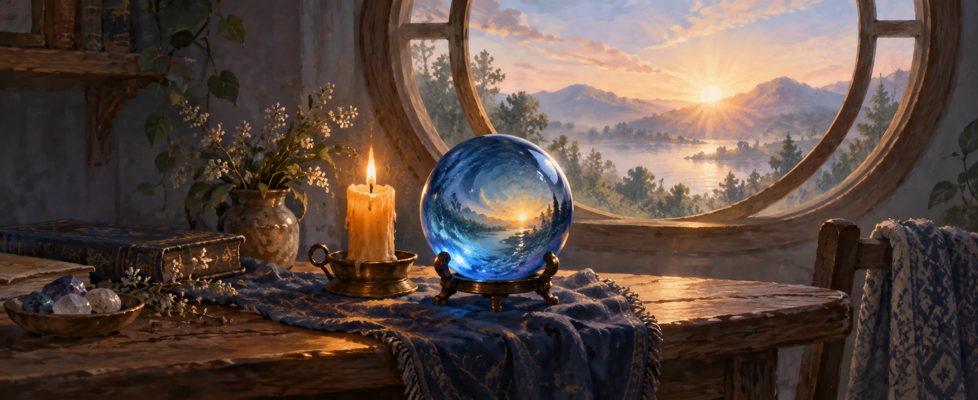 A small amber candle burns beside a blue glass crystal ball, with dawn entering through a round window.