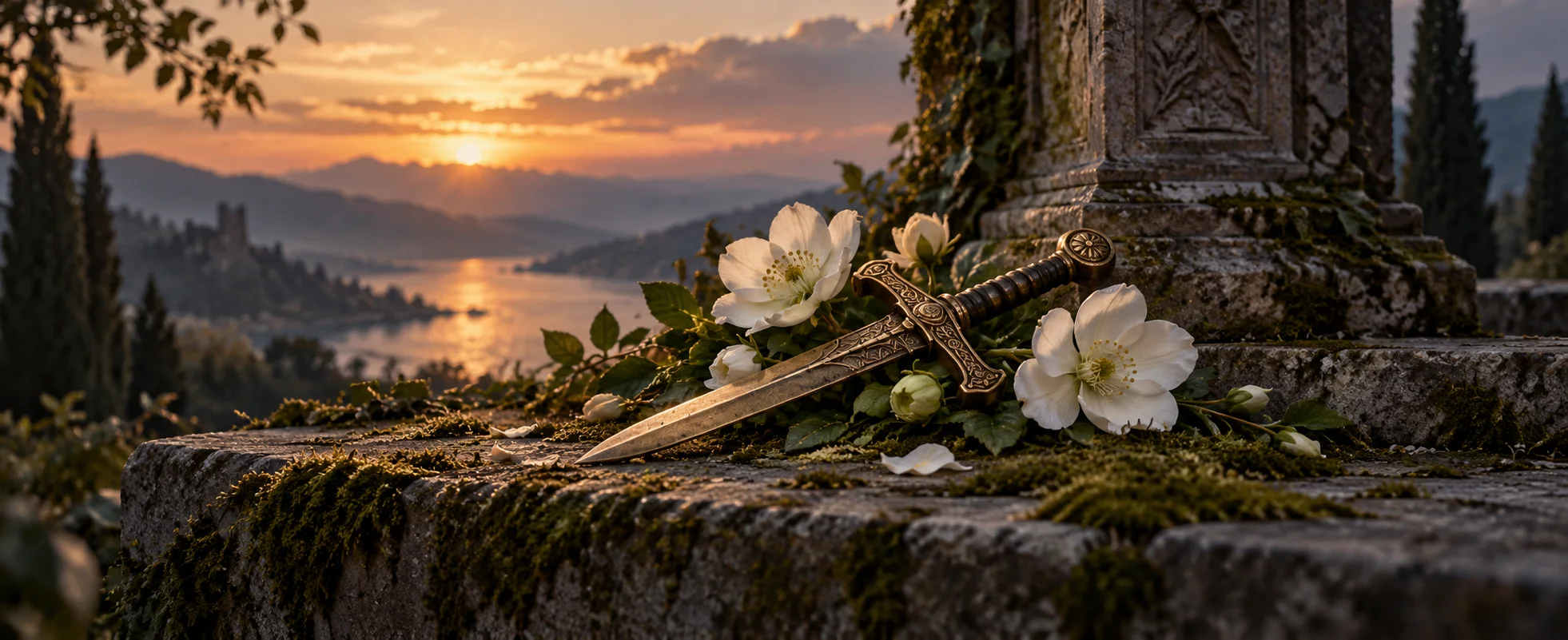 A small bronze sword-shaped ornament rests beside several white flowers on a mossy memorial ledge.