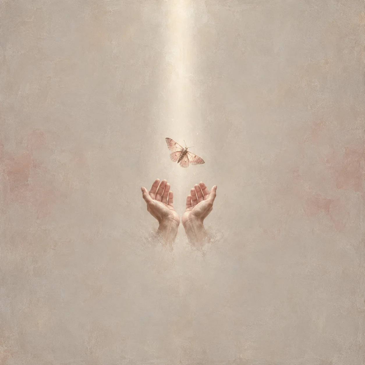 Painterly pair of open hands beneath a hovering moth in a soft shaft of light on cream.