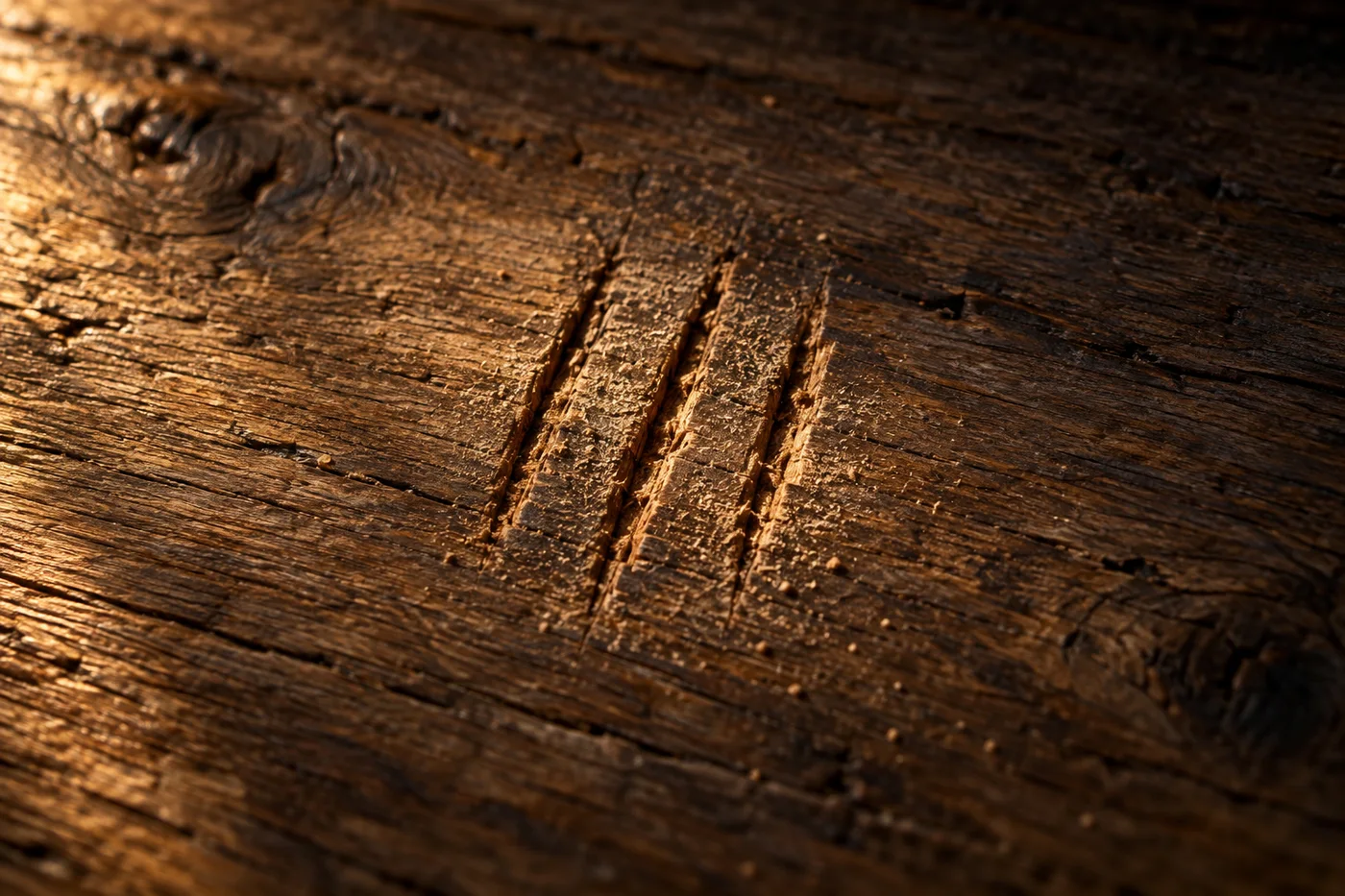 Three deep marks cut through dark wood lit by warm amber light.