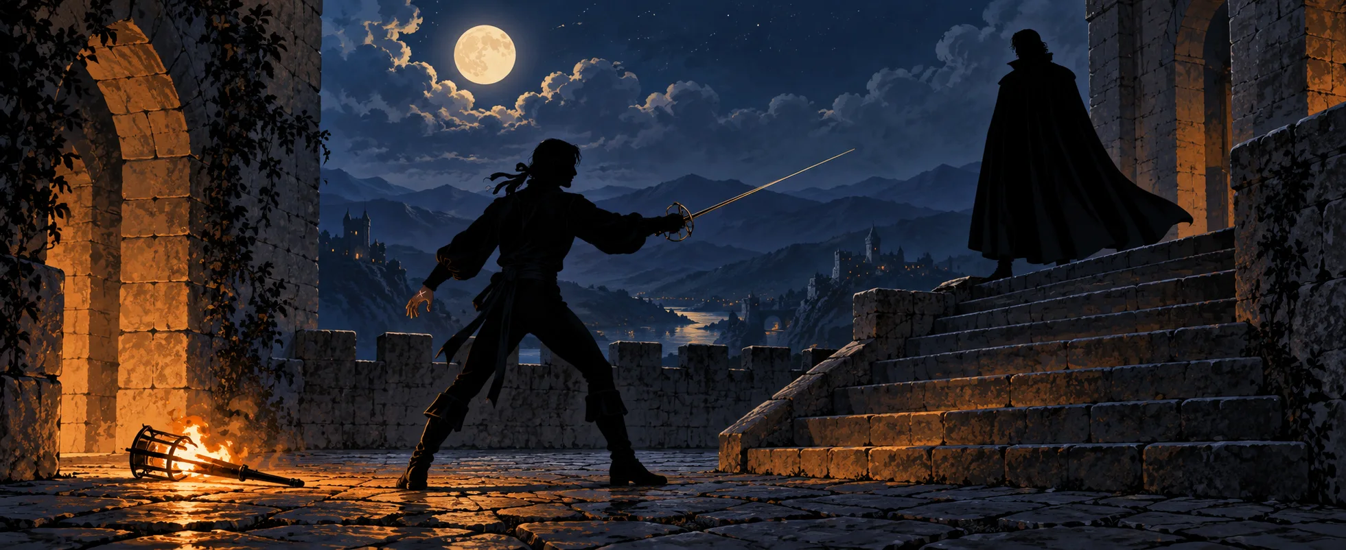 A swordsman with a rapier faces a cloaked figure at the top of a stone staircase in a moonlit castle courtyard, a fallen torch burning.
