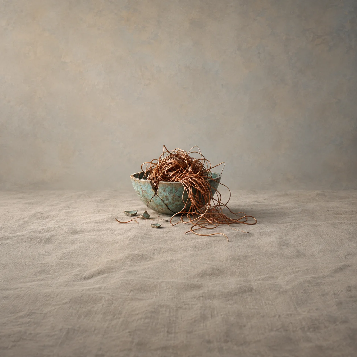Painterly cracked turquoise bowl spilling tangled copper wire onto pale cloth.