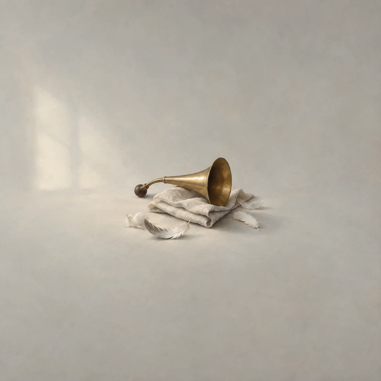 A brass ear trumpet rests on white linen beside scattered white feathers.