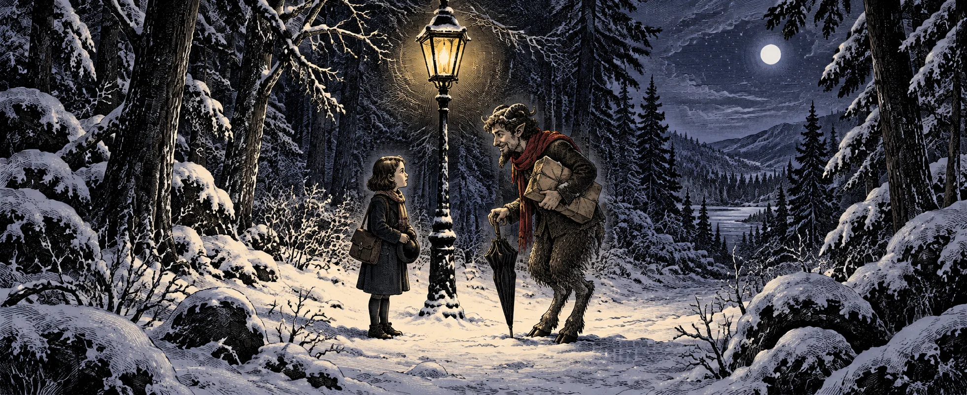 A small girl meets a faun with a red scarf, an umbrella and parcels beside a lone lamp-post in a moonlit snowy wood.