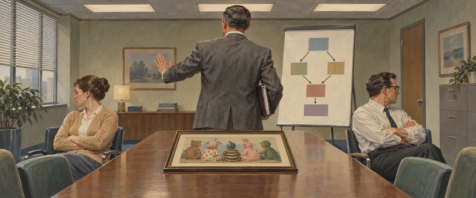 An office manager in a grey suit holds up a hand in a conference room as two unhappy colleagues sit apart, a chart on an easel.