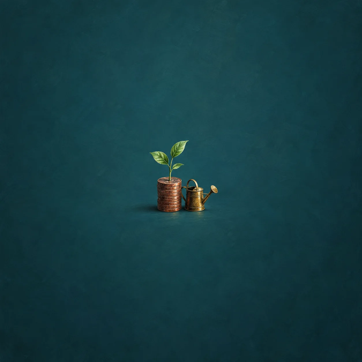 A small stack of copper coins with a green sprout on top beside a brass watering can on a teal background.