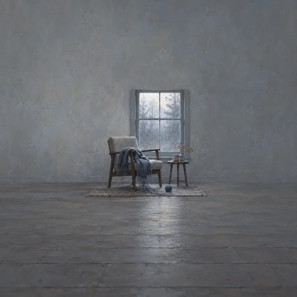 Painterly empty armchair draped with a blue scarf beside a small table and frosted window.