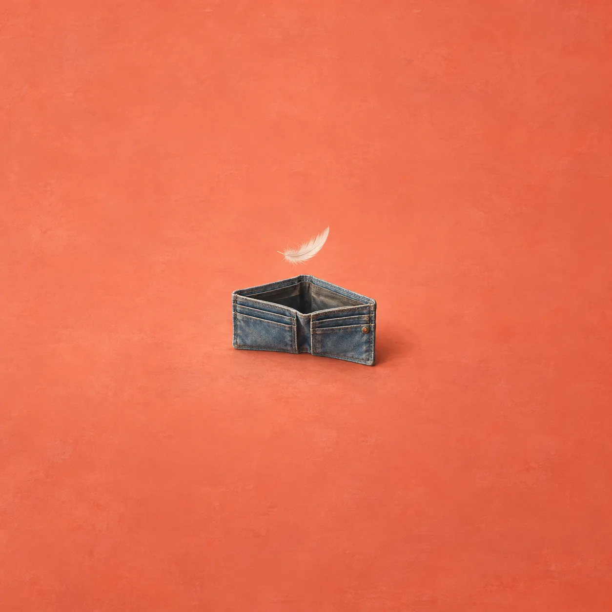 A white feather floats above an open blue denim wallet against coral.