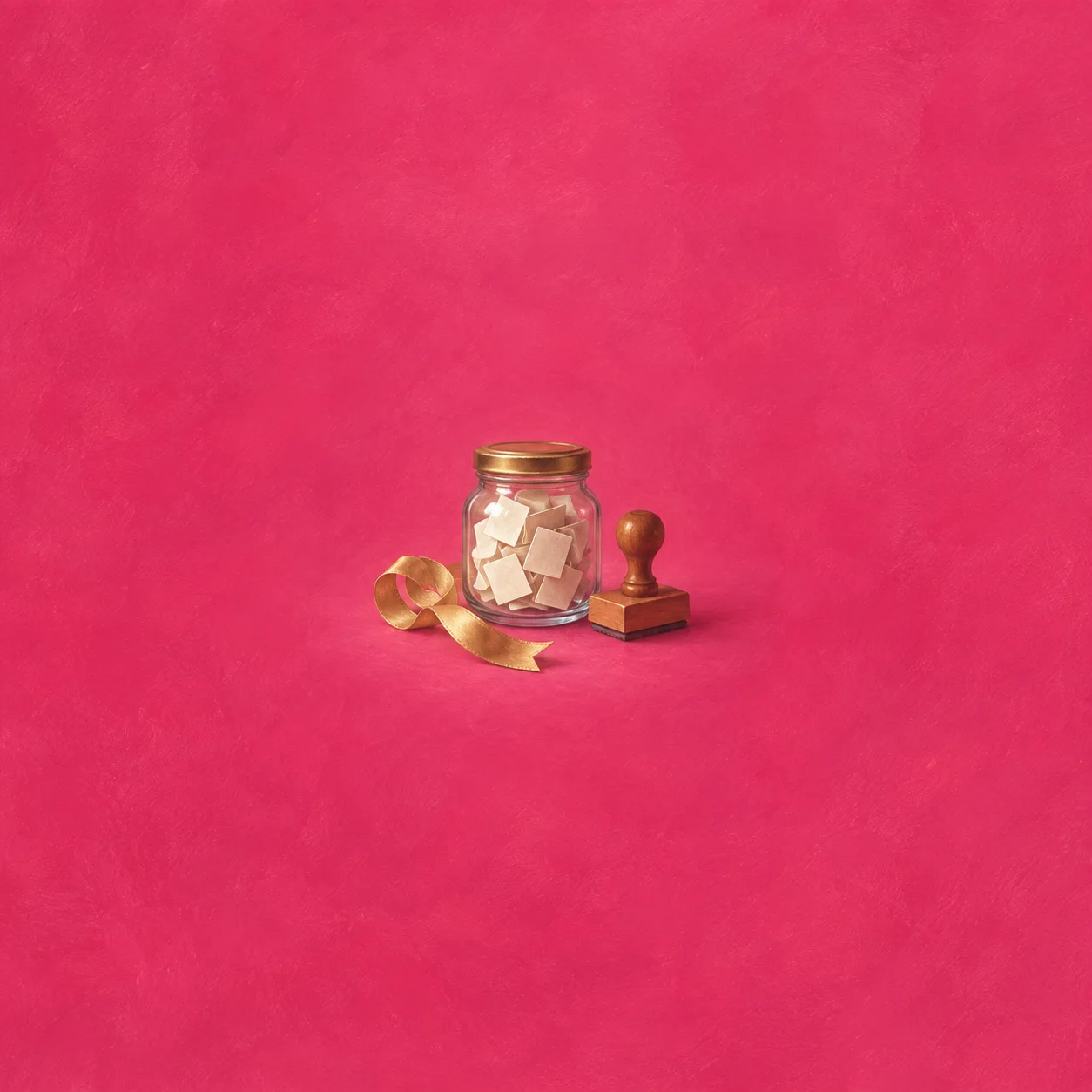 A glass jar of blank paper slips stands beside a rubber stamp and curled gold ribbon on magenta.