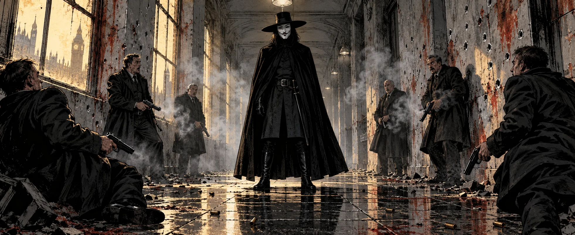Comic illustration: a tall masked figure in a black cloak and wide-brimmed hat stands calmly in a bullet-pocked, blood-spattered corridor, surrounded by smoking guns and wounded coated gunmen, with a clock tower visible through a window.