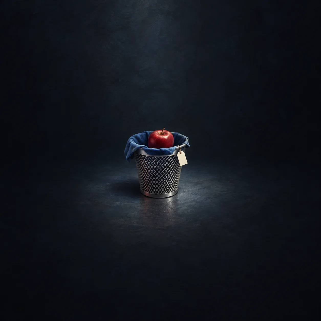 A glossy red apple sits in a small wire wastebasket lined with blue cloth.
