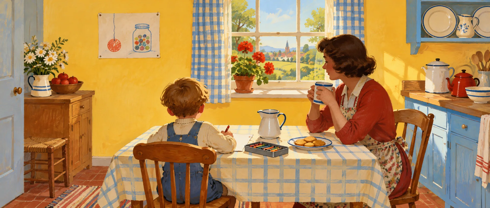 A small child does homework at a checked kitchen table as his mother sips tea in a bright 1950s kitchen.
