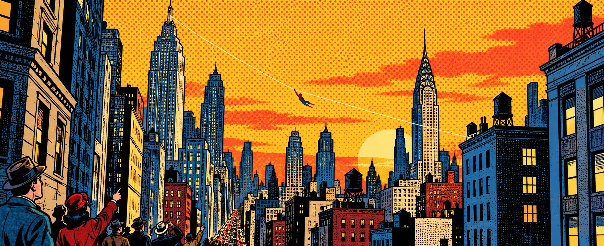 A masked hero swings on a web line between New York towers against a halftone yellow sky, in a 1960s pop-art style.