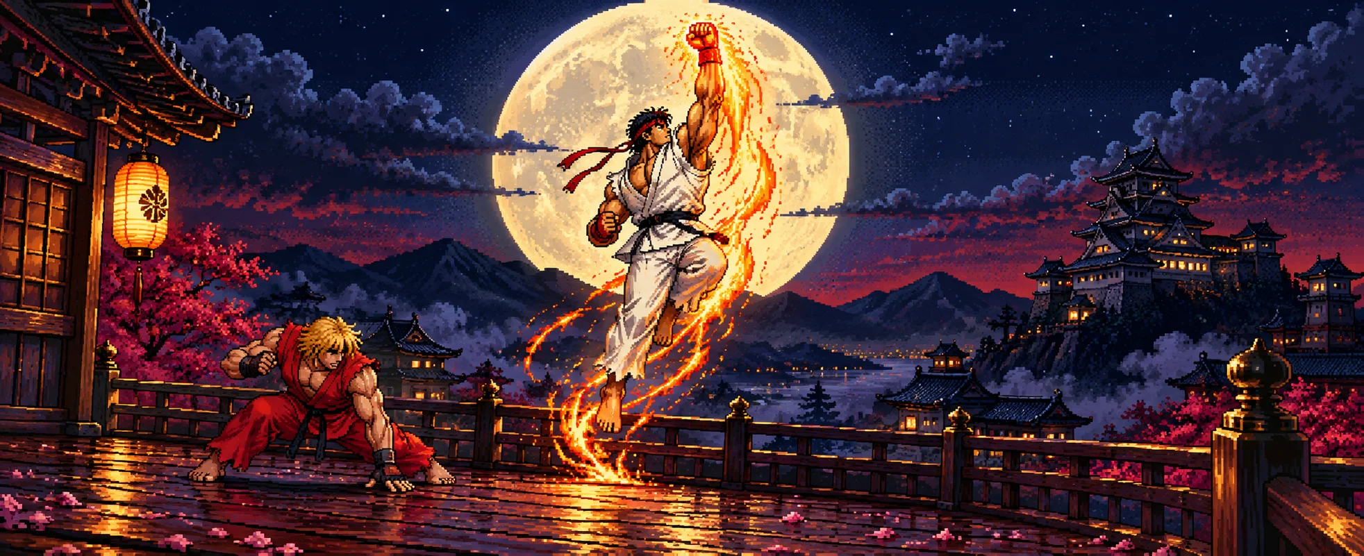 Pixel art: a martial artist in a white gi and red headband soars upward in a flaming uppercut against a huge full moon on a castle rooftop, as a blond fighter in a red gi crouches below.