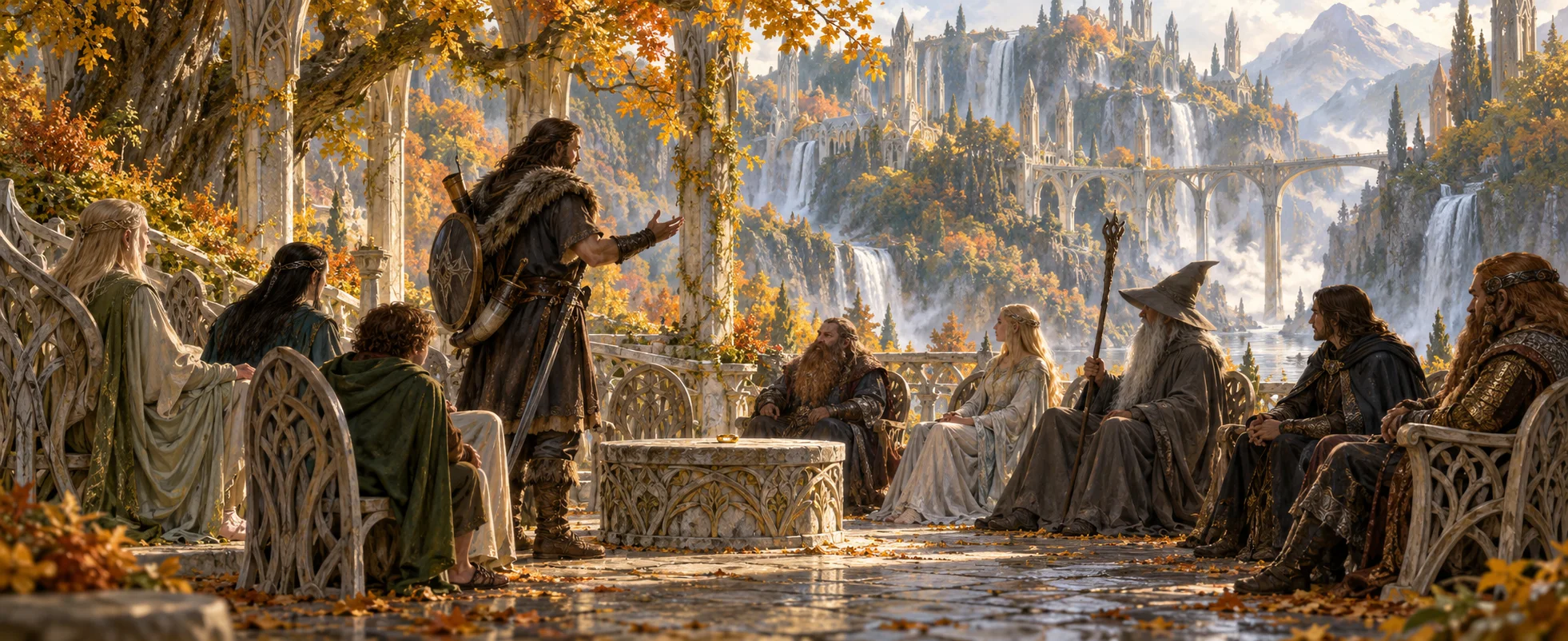 At a council among elven arches and autumn trees, a warrior in fur and leather stands to speak before elves, dwarves, a wizard and a hobbit around a stone plinth.