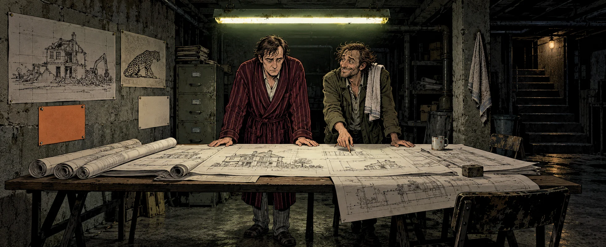 A man in a dressing gown and a cheerful man in a scruffy jacket pore over demolition plans in a dim basement, a picture of a leopard pinned to the wall.
