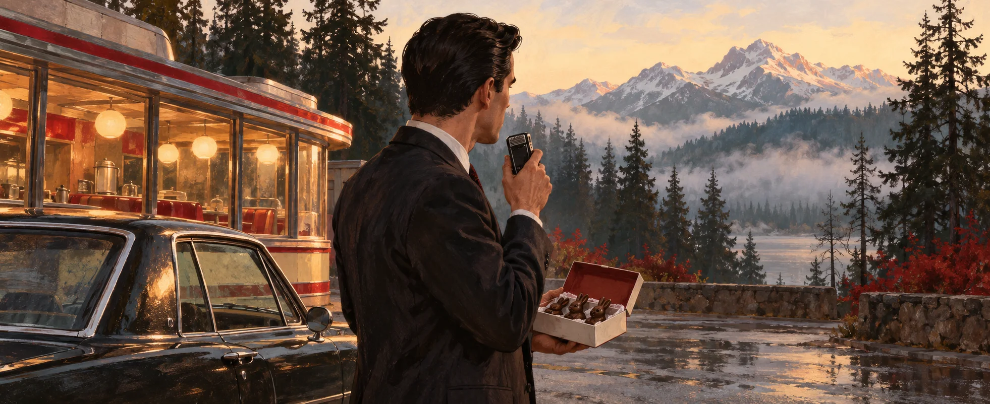 An FBI agent in a dark suit stands by his car outside a chrome diner, dictating into a microcassette recorder while holding a small box of chocolate bunnies, misty pines behind.