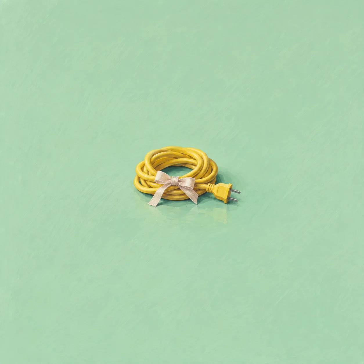 A coiled yellow electrical cable is tied with a pale bow, with its plug resting beside it on a mint-green surface.