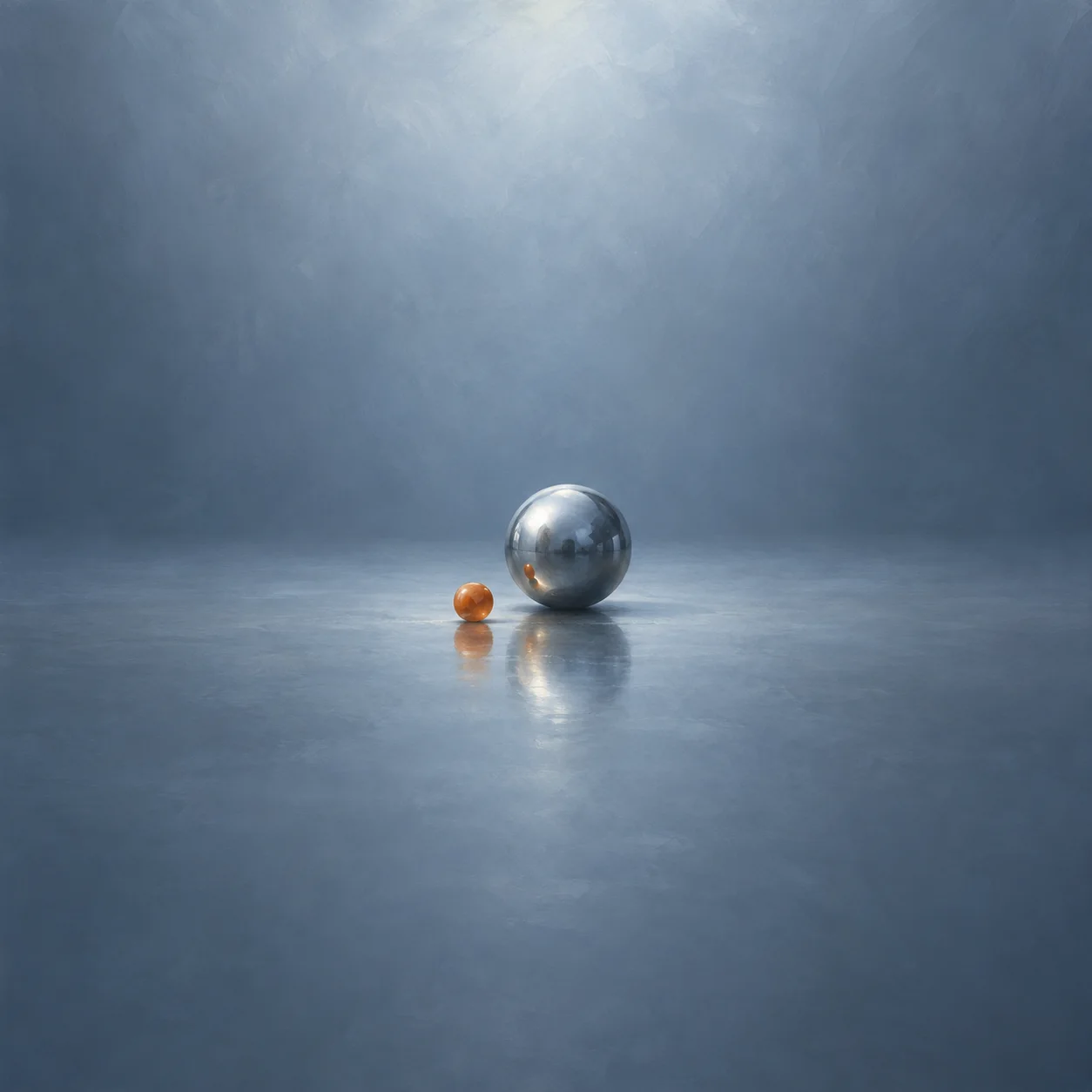 A tiny orange marble sits beside a much larger reflective silver sphere on a blue-grey surface.