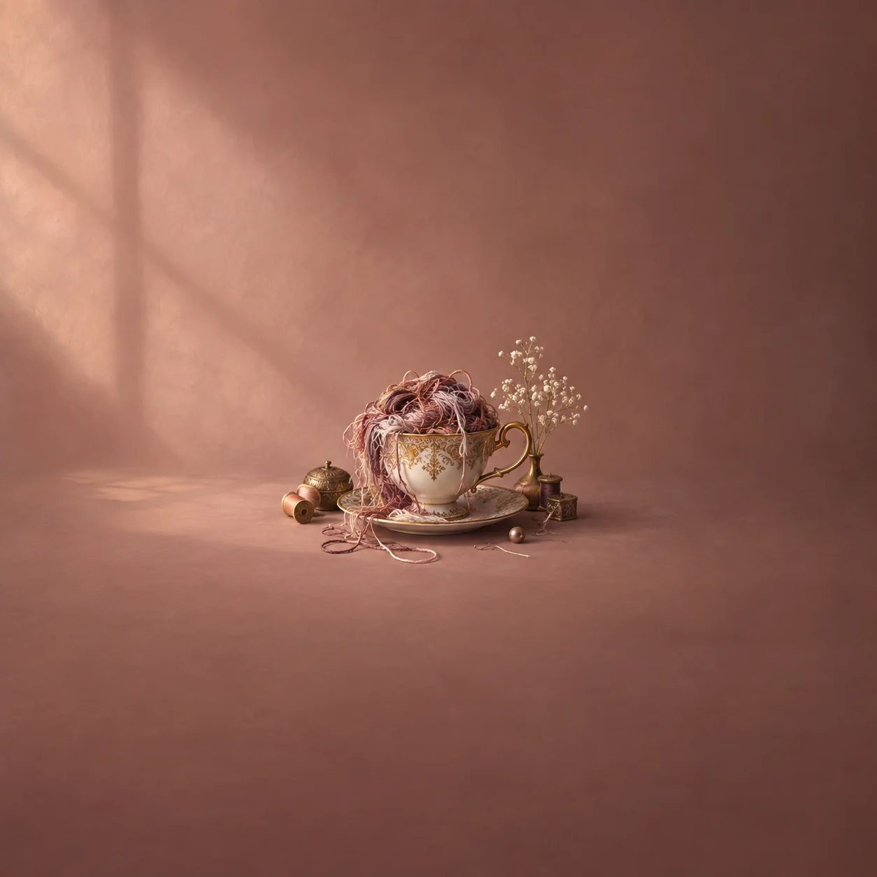 An ornate white-and-gold teacup overflows with pink thread beside spools and dried flowers.
