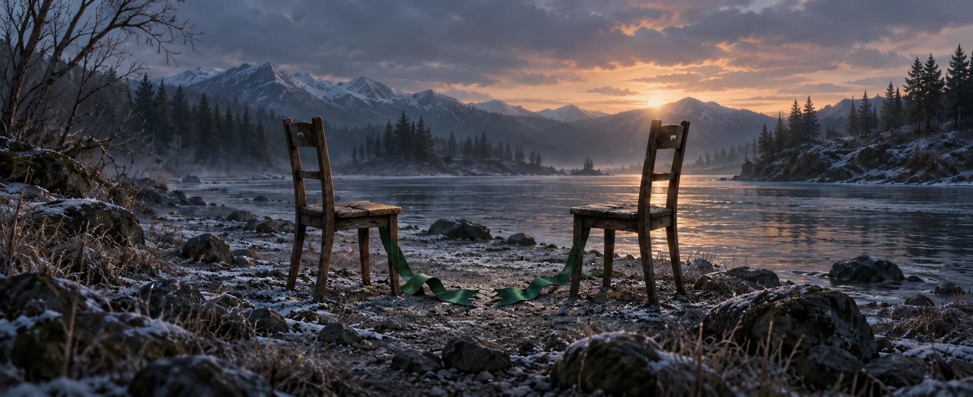 Two empty wooden chairs face a green ribbon on a cold blue riverbank.