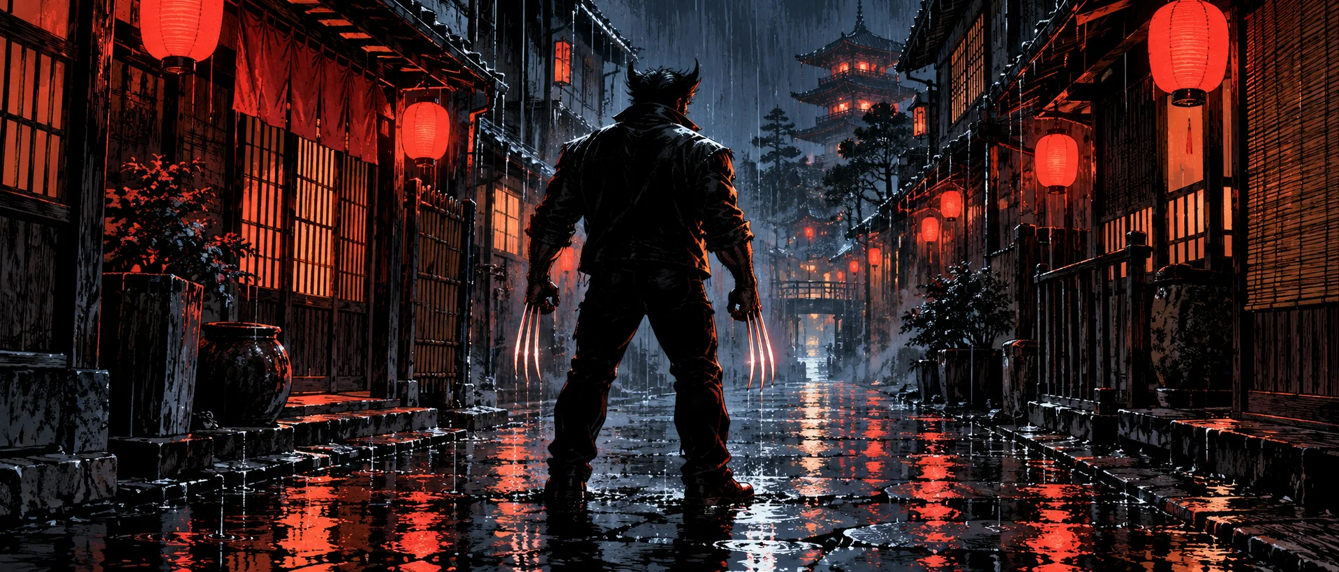 Comic illustration: a short, stocky man with swept-up hair stands in a rainy Japanese street at night, back to us, three metal claws gleaming from each fist under red paper lanterns.