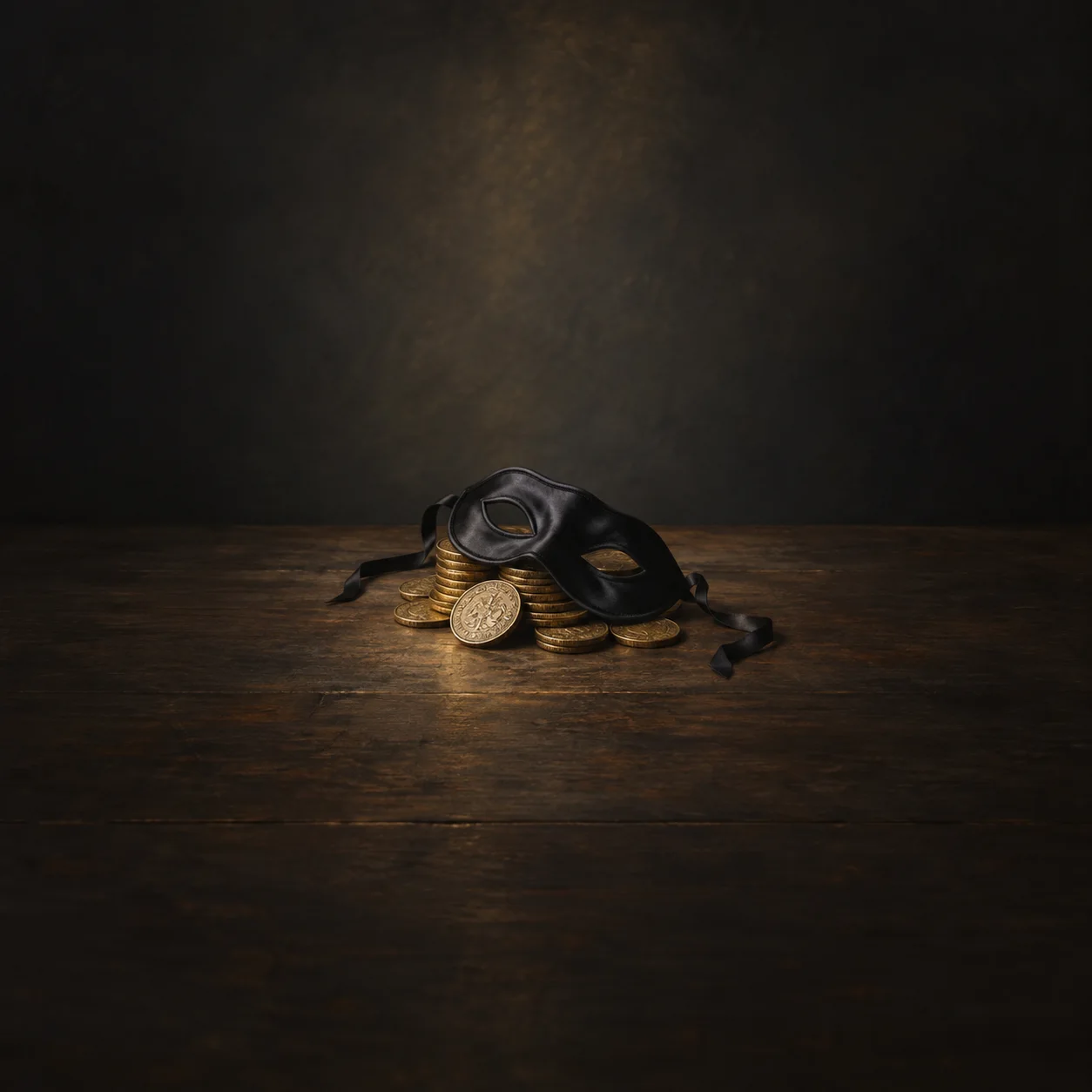 Painterly black eye mask resting on a pile of antique coins on dark wood.