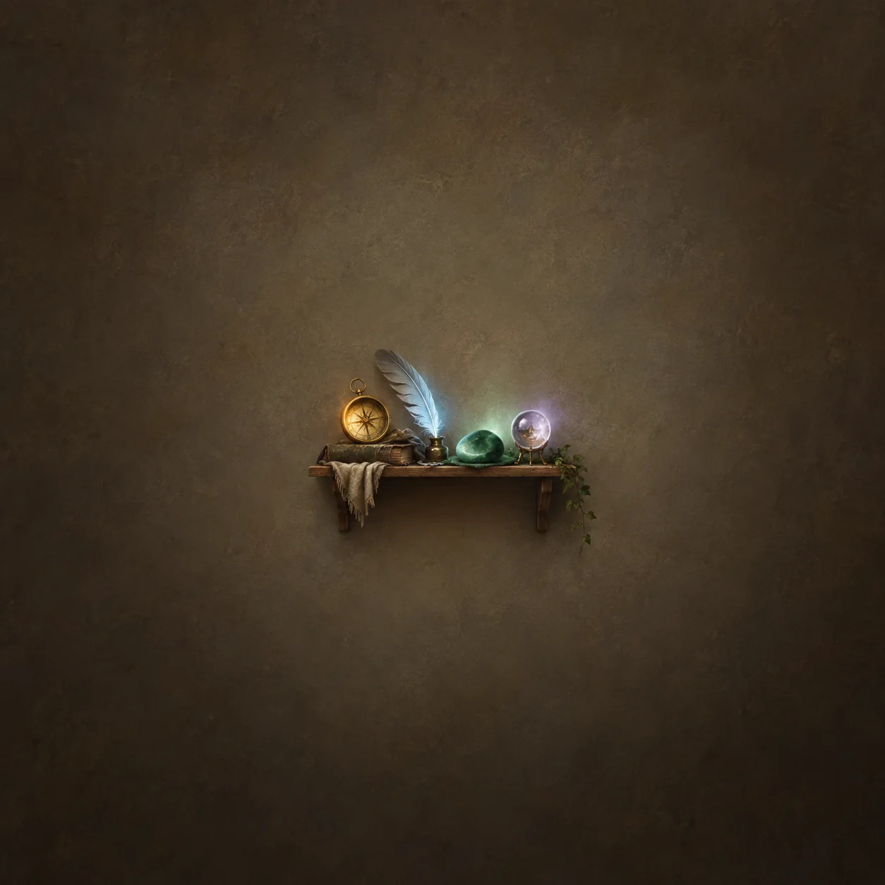 A small wooden shelf holds a brass compass, pale feather, green stone and glowing purple glass sphere.
