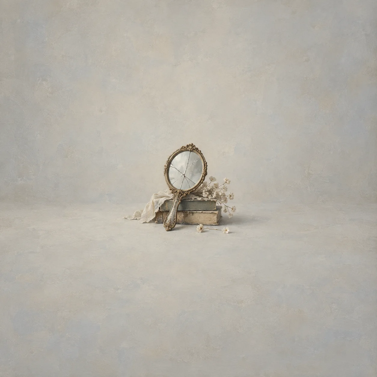 A cracked ornate hand mirror leans against old books beside pale cloth and dried flowers.