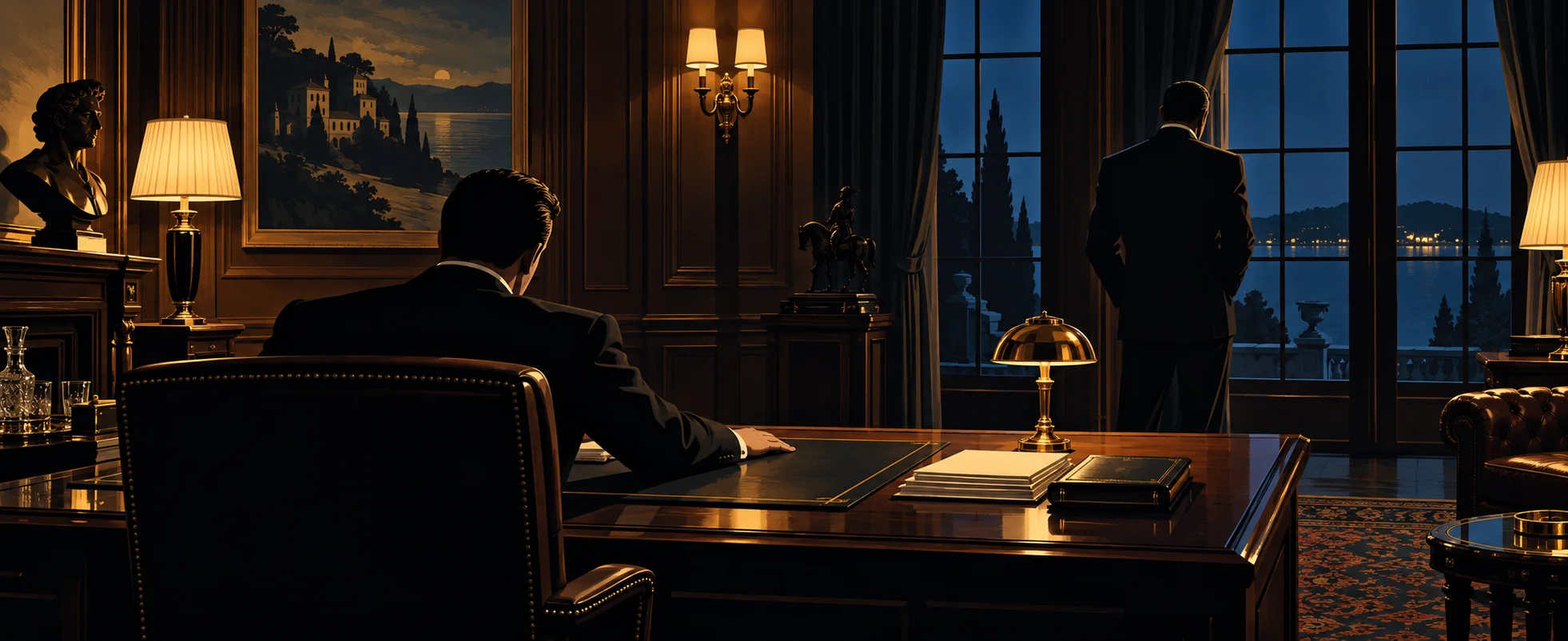 Two brothers in dark suits in a lamplit study at night, one seated at a broad desk, the other at the window.