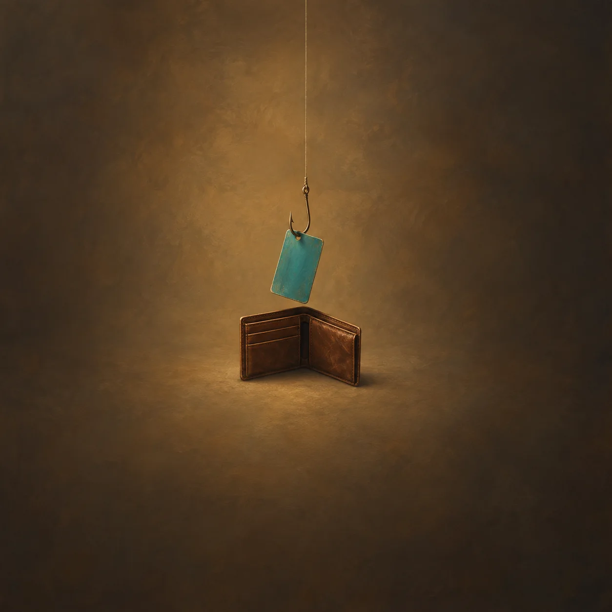 A teal card hanging from a fishhook above an empty open leather wallet.