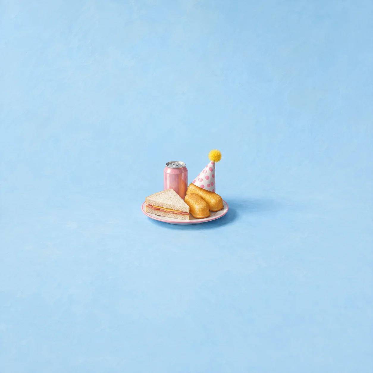 A sandwich, a pink drinks can and two golden cakes share a plate with a small spotted party hat.