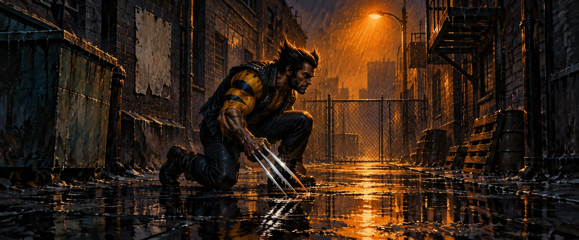 A stocky man in a yellow-and-black suit crouches in a rain-soaked alley under a streetlamp as three metal claws spring from his fist.