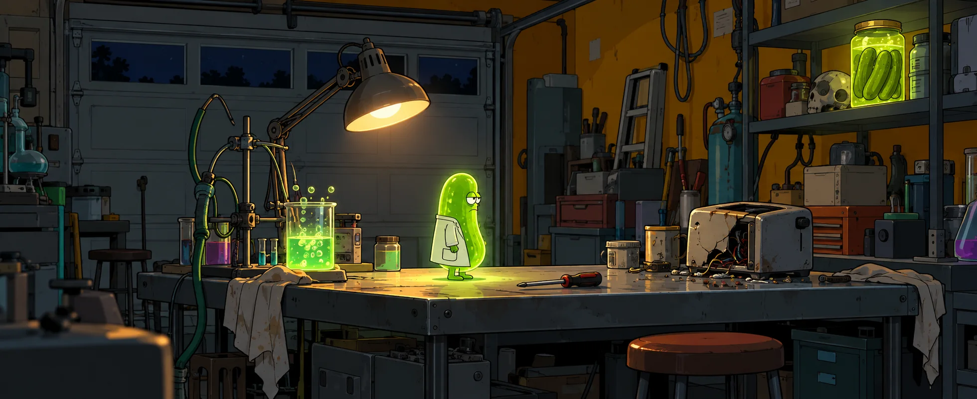 A small green pickle with a cartoon face sits under a lamp on a cluttered garage workbench beside glowing beakers.