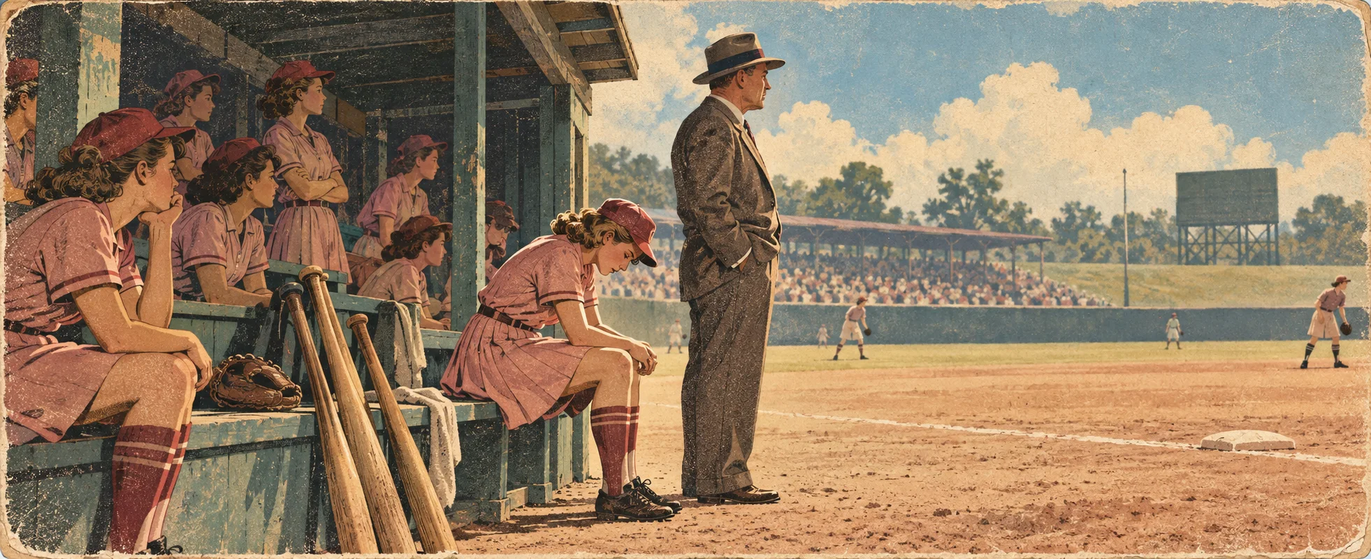 A rumpled manager in a hat stands over a crying player on the dugout bench of a women's baseball team in pink 1940s uniforms.